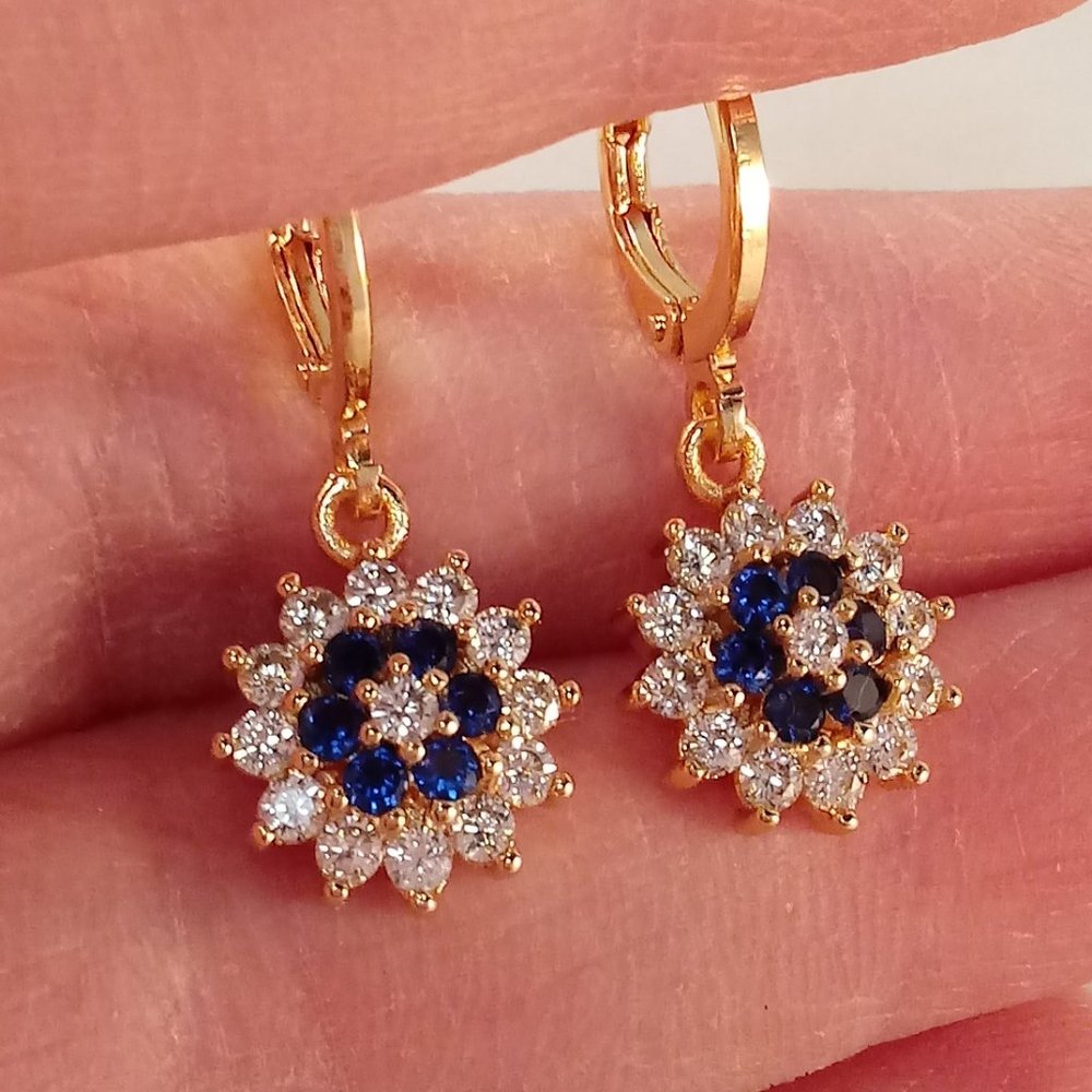 18K Yellow Gold Filled Flower Navy Blue Diamond Zircon Dangle Earrings Gorgeous